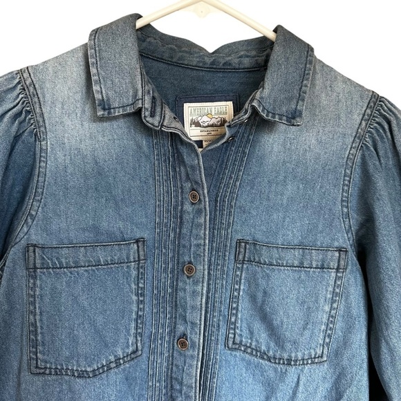 American Eagle Outfitters Denim Button Up Chambray Puff Sleeve 100% Cotton XS - Picture 3 of 7